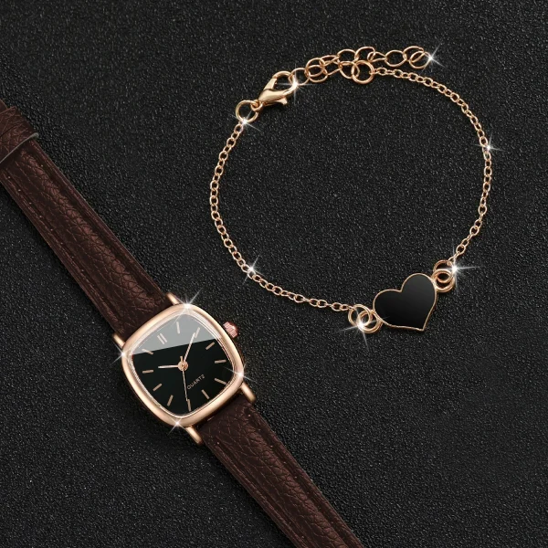 2PCS/Set Fashion Square Women Watch Leather Band Quartz Watches Heart Bracelet Set - Image 4