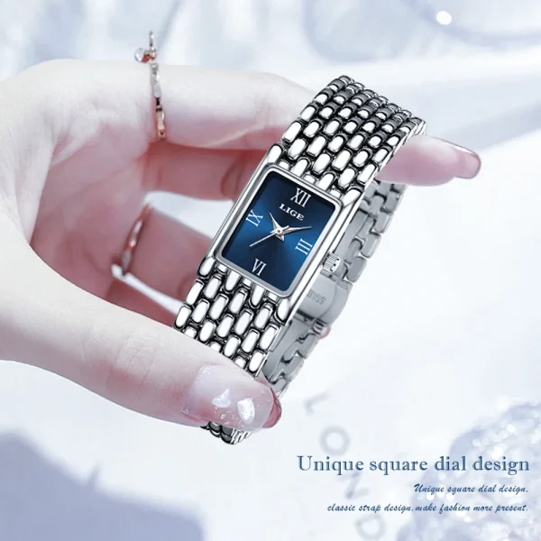 LIGE Luxury Ladies Fashion Quartz Watch Simple Scale Square Quality Plated Women Watches Business Stainless Steel Folding Clock - Image 2
