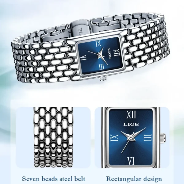 LIGE Luxury Ladies Fashion Quartz Watch Simple Scale Square Quality Plated Women Watches Business Stainless Steel Folding Clock - Image 3