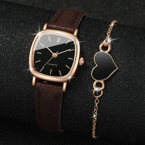 2PCS/Set Fashion Square Women Watch Leather Band Quartz Watches Heart Bracelet Set - Image 3