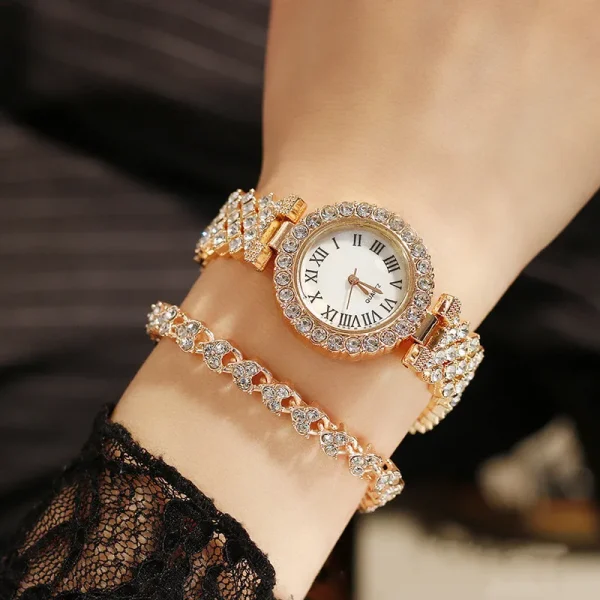 2pcs Luxury Women Rhinestone Rose Gold Watch Fashion Ladies Quartz Diamond Wristwatch Elegant Female Bracelet Watches Set Gift - Image 4