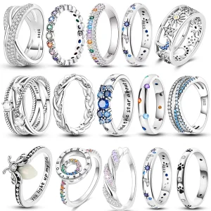 Women Silver Finger Rings for Women Original 925 Sterling Silver Cocktail Ring Geometric Cubic Zircon Heart Wedding Jewelry