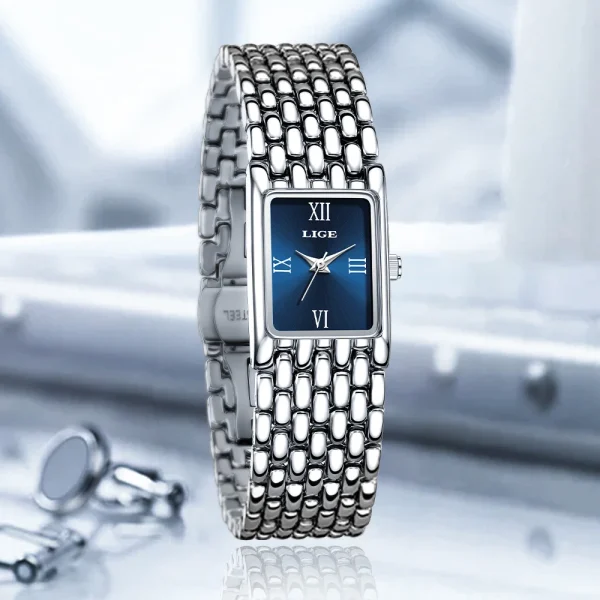 LIGE Luxury Ladies Fashion Quartz Watch Simple Scale Square Quality Plated Women Watches Business Stainless Steel Folding Clock - Image 6