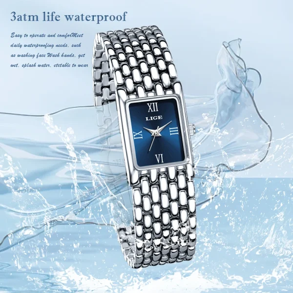 LIGE Luxury Ladies Fashion Quartz Watch Simple Scale Square Quality Plated Women Watches Business Stainless Steel Folding Clock - Image 4