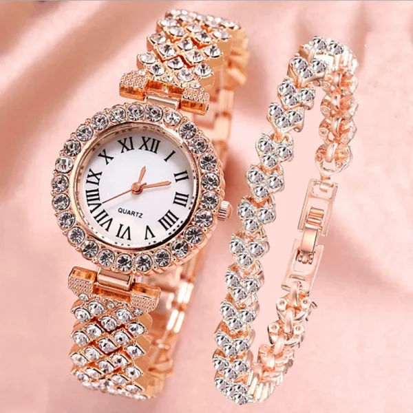 2pcs Luxury Women Rhinestone Rose Gold Watch Fashion Ladies Quartz Diamond Wristwatch Elegant Female Bracelet Watches Set Gift - Image 2