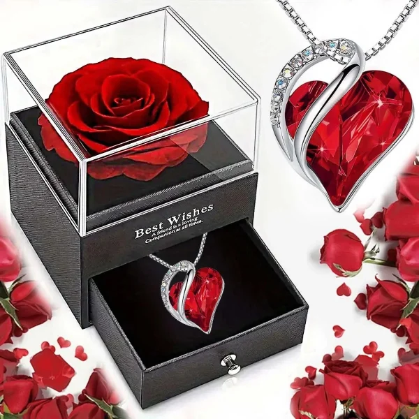 New Hot Selling Valentine's Day Gift Ocean Heart Love Necklace with Eternal Rose Jewelry Box For Girl Mother's Day Gifts ﻿